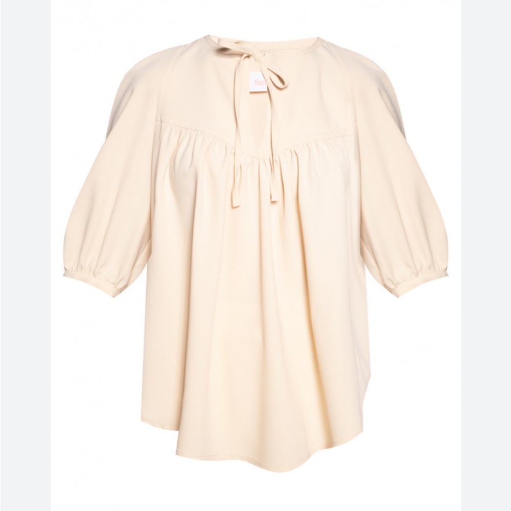 Chloe Cream Tie-Neck Peasant Blouse